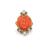 Bague Camée Corail Emeraudes Diamants Or Jaune 18 Carats