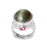 Bague Tourmaline Verte Oeil de Chat Saphir Rose Or Gris 18 Carats