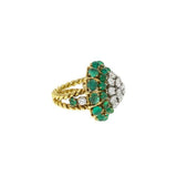 Bague Cocktail Dôme Rétro Cabochon Emeraudes Diamants Or Jaune 18 Carats