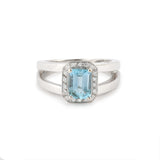 Bague Aigue-Marine Rectangle Diamants Or Gris 18 Carats