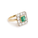 Bague Style Art-Déco Emeraude Colombienne Diamants Platine Or Jaune 18 Carats