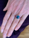 Bague Trilogie Zircon Bleu 4.95 Carats Saphirs Roses Or Gris 18 Carats