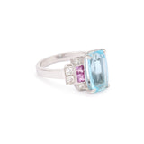 Bague Aigue-Marine 3 Carats Saphirs Roses Diamants Or Gris 18 Carats