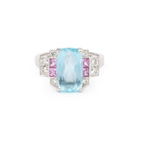 Bague Aigue-Marine 3 Carats Saphirs Roses Diamants Or Gris 18 Carats