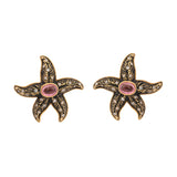 Boucles d'Oreilles Vintage Etoiles de Mer Tourmaline Diamants Email Or Jaune 18 Carats