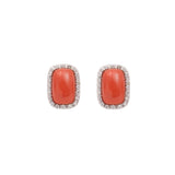Paire Puces d’Oreilles Cabochons De Corail Diamants Or Gris 18 Carats