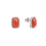 Paire Puces d’Oreilles Cabochons De Corail Diamants Or Gris 18 Carats