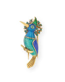 Enamel 18 Carat Yellow Gold Green Woodpecker Brooch
