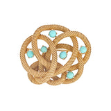 Broche Vintage Nœud Torsadé Turquoises Or Jaune 18 Carats