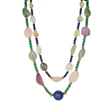 Sautoir Quartz Rose, Lapis Lazuli, Malachite, Aventurine, Calcédoine et Boules Vermeil