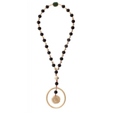 A long antique ivory, onyx and coral necklace