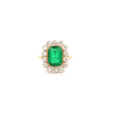 Certified 3 Carats Colombian Emerald Diamonds Platinum And 18K Yellow Gold Cluster Ring