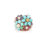 Bague Rétro Turquoises Rubis Saphirs Diamants Jaune Et Blancs Or Jaune 18 Carats