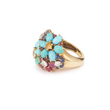 Bague Rétro Turquoises Rubis Saphirs Diamants Jaune Et Blancs Or Jaune 18 Carats