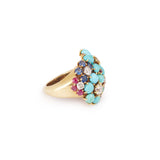 Bague Rétro Turquoises Rubis Saphirs Diamants Jaune Et Blancs Or Jaune 18 Carats