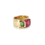 Square Rubellite and Green Tourmaline 18K Yellow Gold Band Ring