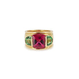Square Rubellite and Green Tourmaline 18K Yellow Gold Band Ring