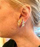 Paire De Clips D’Oreille Vintage David Webb Pierres De Lune Saphirs Roses Or Jaune 18 Carats