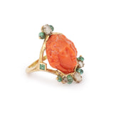 Bague Camée Corail Emeraudes Diamants Or Jaune 18 Carats