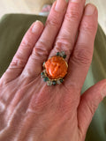 Bague Camée Corail Emeraudes Diamants Or Jaune 18 Carats