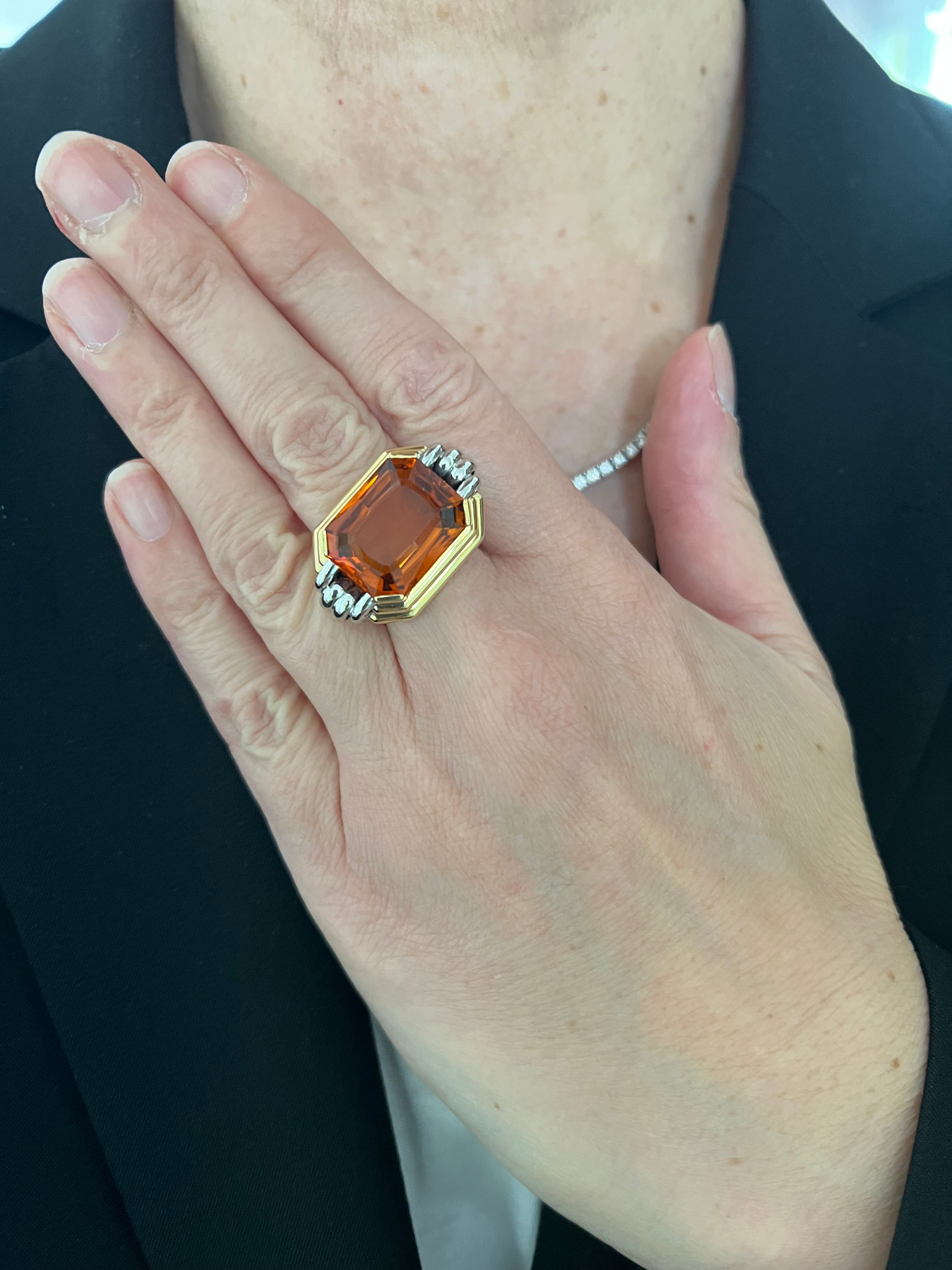 13 Carats Madeira Citrine 18 Carats Yellow Gold White Gold Tank Ring 