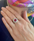 Certified 2 Carats Burmese Ruby Diamonds Platinum 18 Carats White Gold Daisy Ring