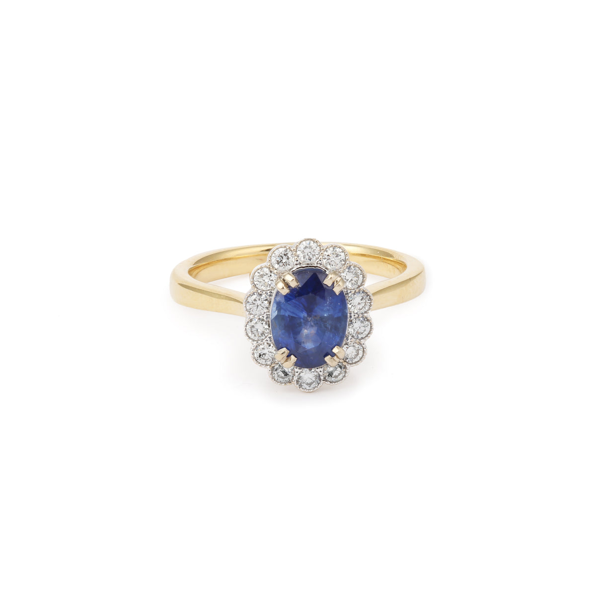 1.44 Carats Sapphire Diamonds 18 Carats Yellow Gold & White Gold Pompadour Ring