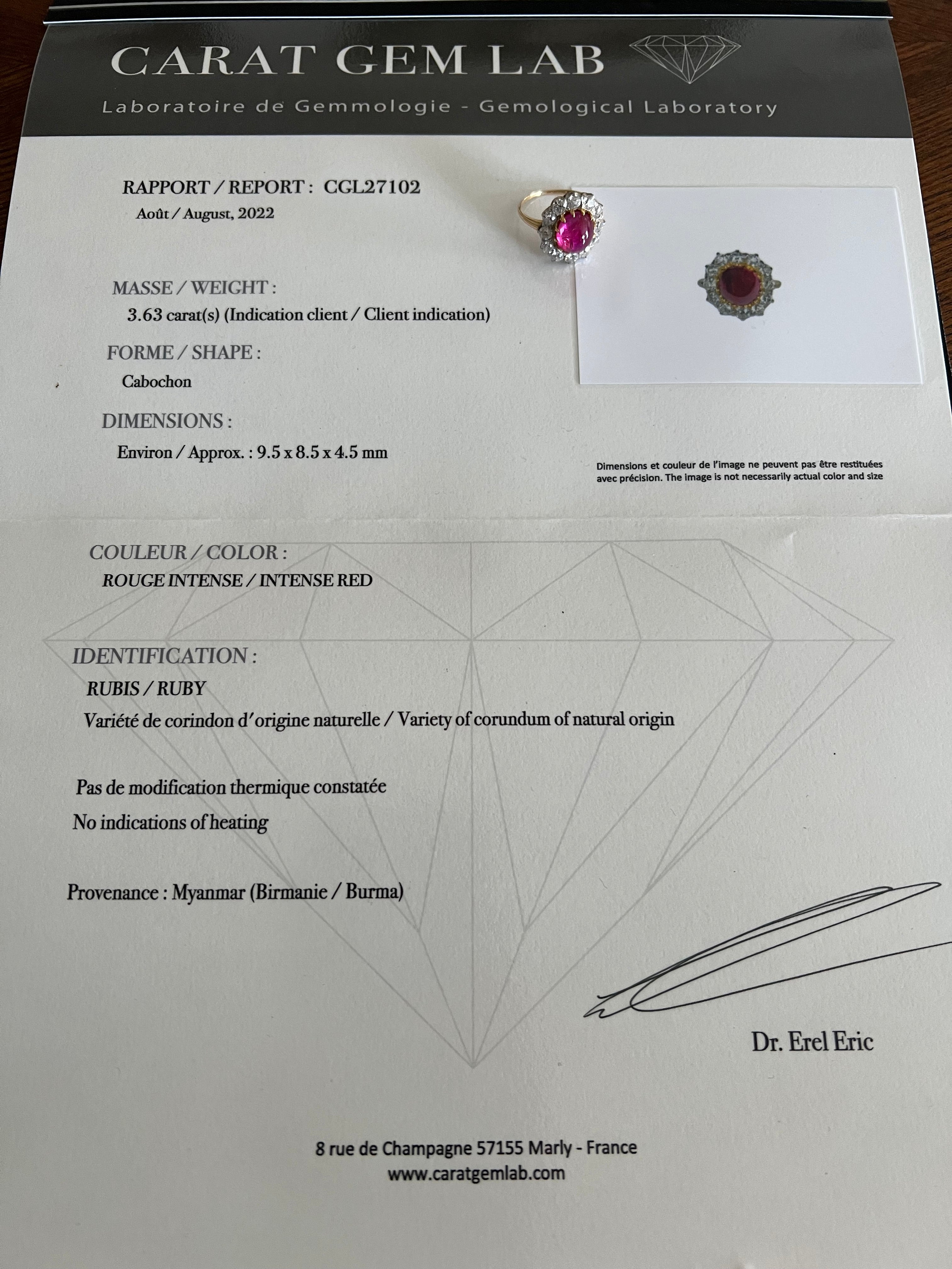 Certified Unheated 3.63 Carats Burma Cabochon Ruby Diamonds Platinum Yellow Gold Ring