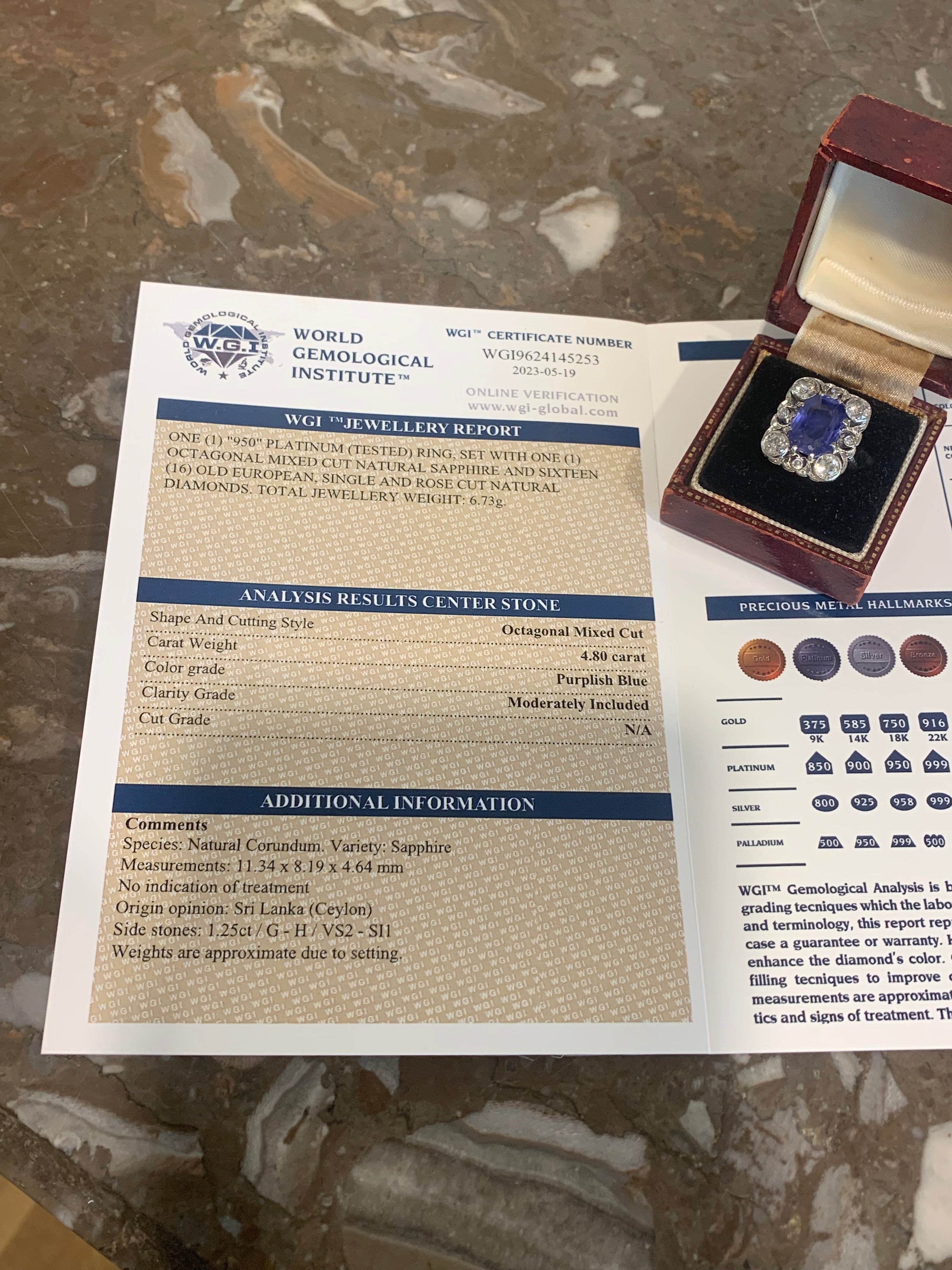 Certified 4.66 Carats Unheated Ceylon Sapphire Diamonds Platinum Ring