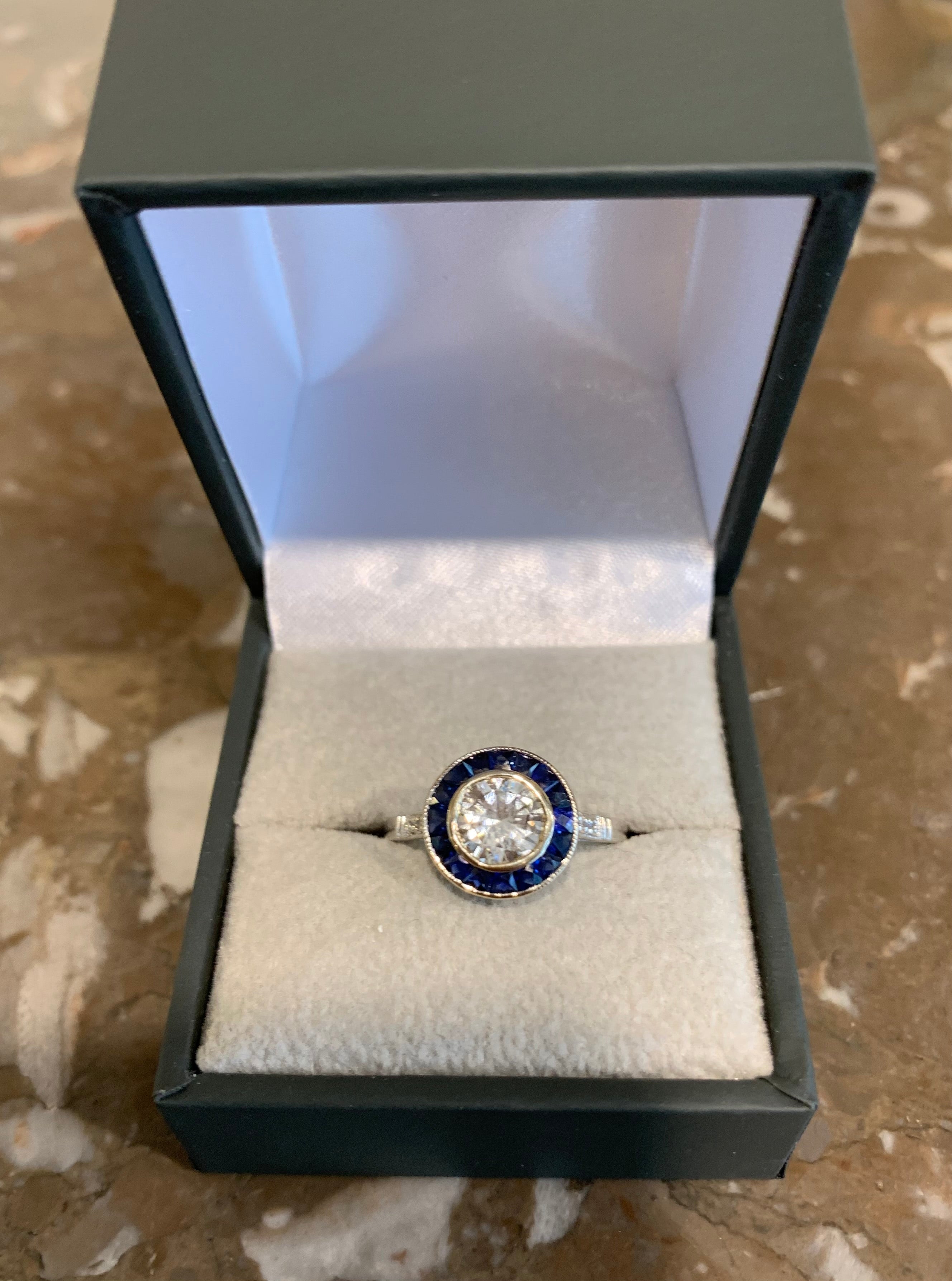 Certified 1 Carat Diamonds Sapphires 18 Carat White Gold Art Deco Style Ring