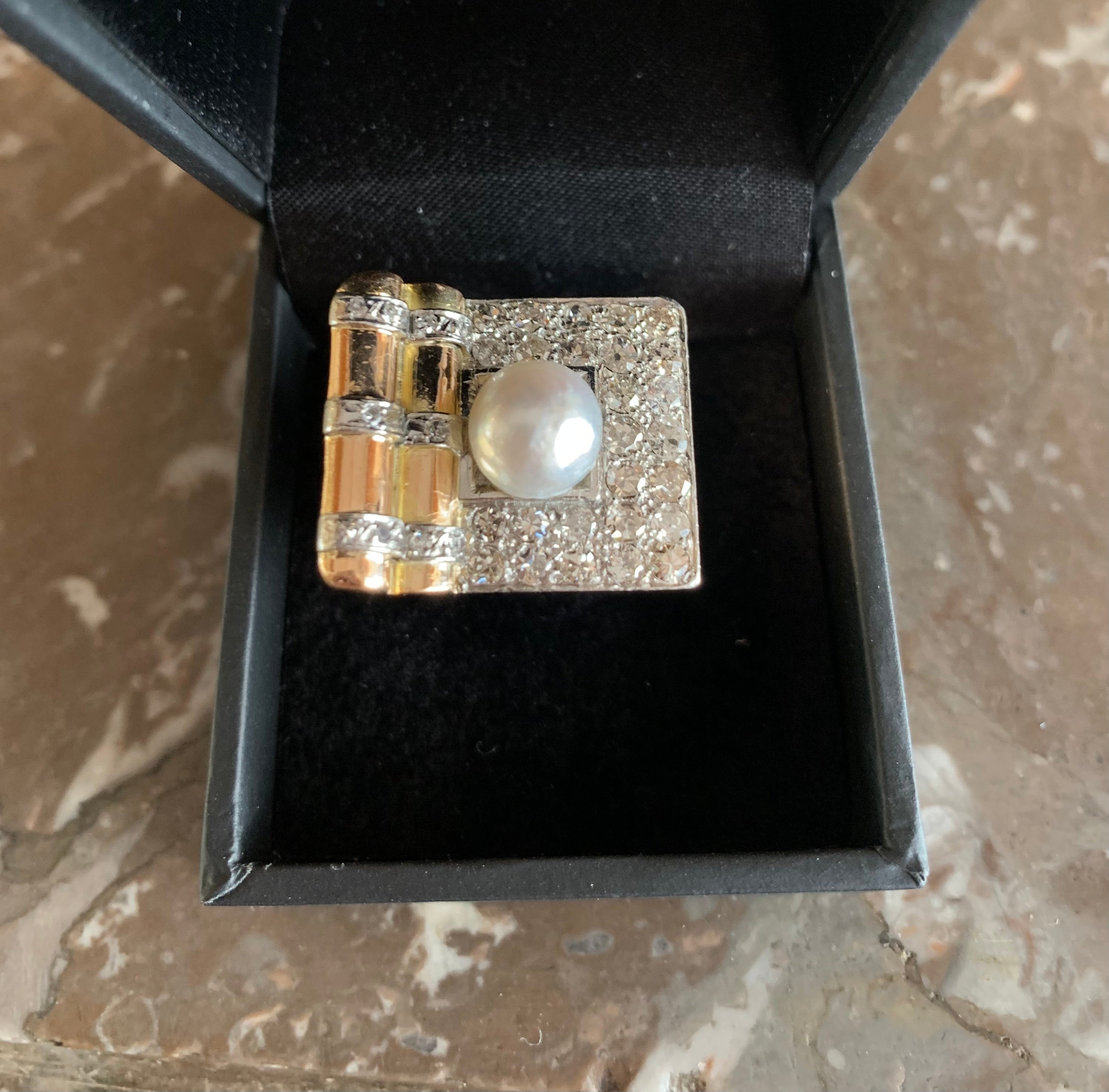 Pearl Diamonds 18 Carat Yellow Gold Retro Tank Ring