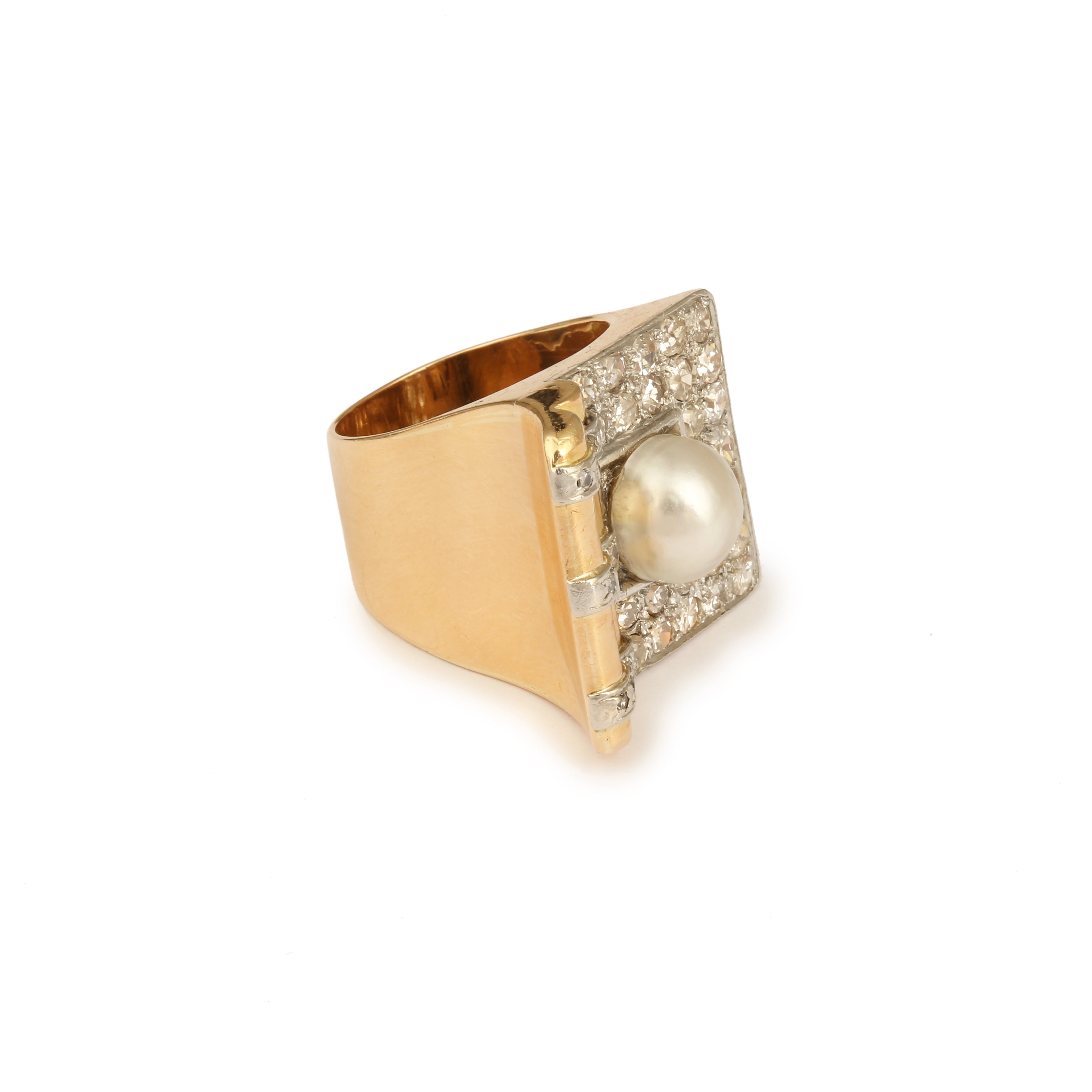 Pearl Diamonds 18 Carat Yellow Gold Retro Tank Ring