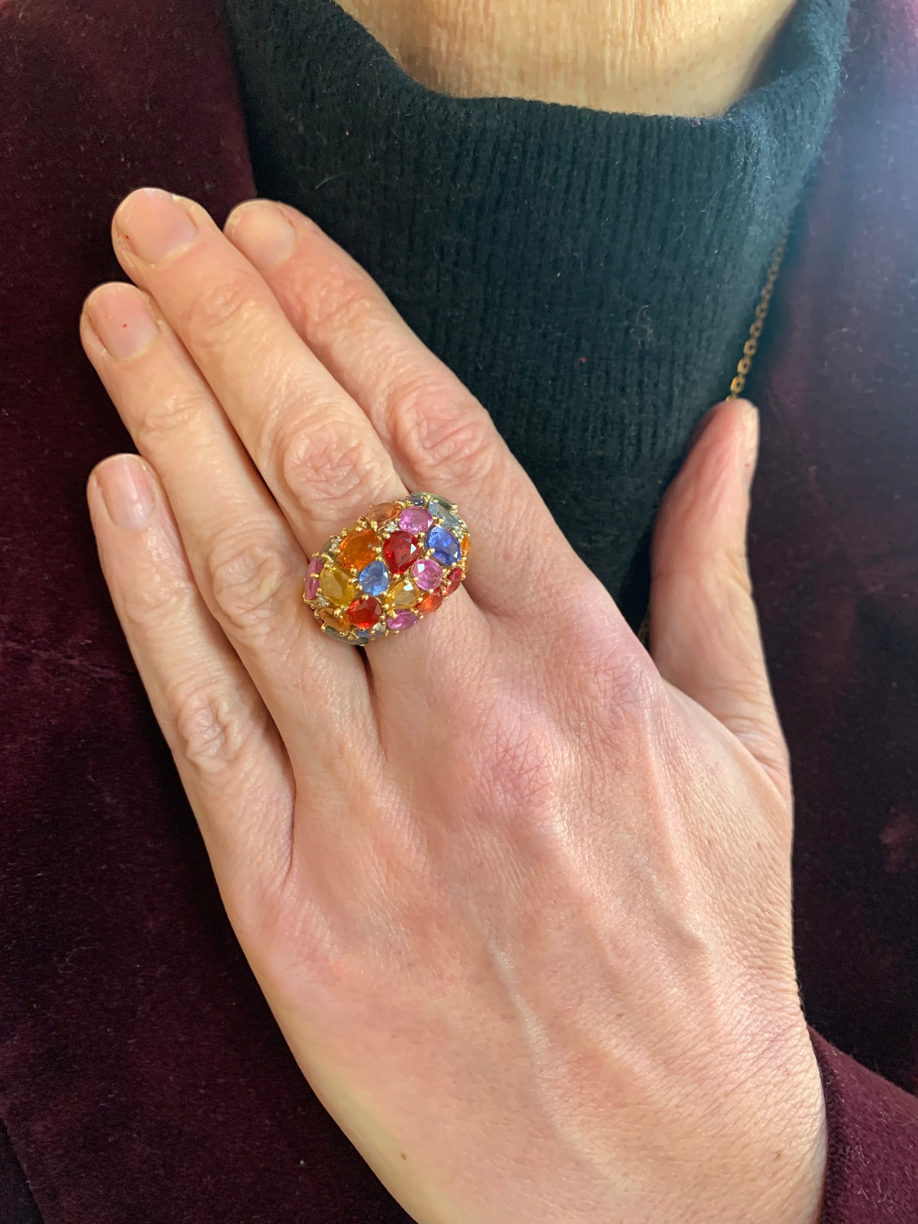 Multicoloured Sapphires Diamonds 18 Carat Yellow Gold Dome Ring