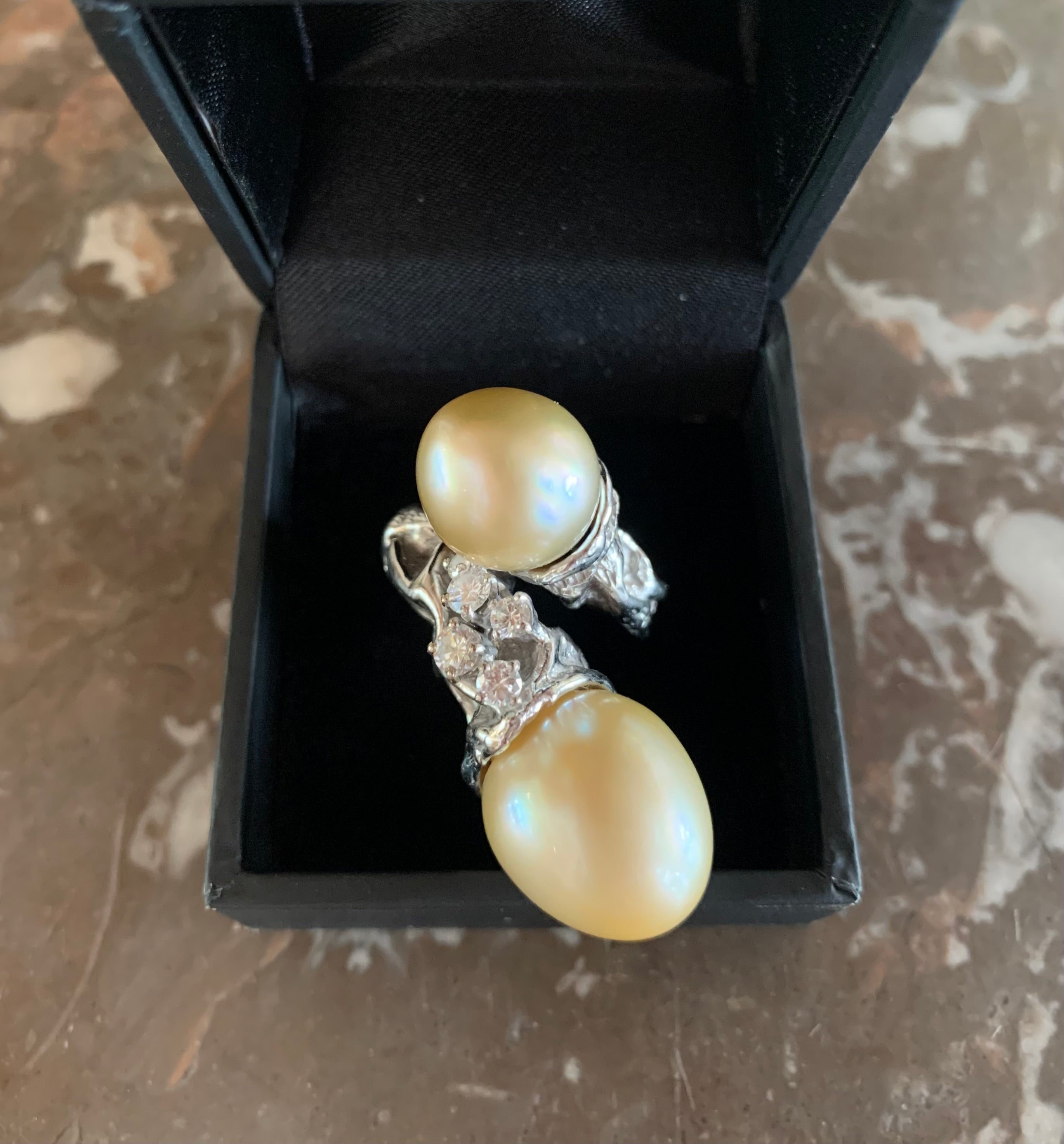 Gilbert Albert Gold Pearls Diamonds 18 Carat White Gold Cocktail Ring