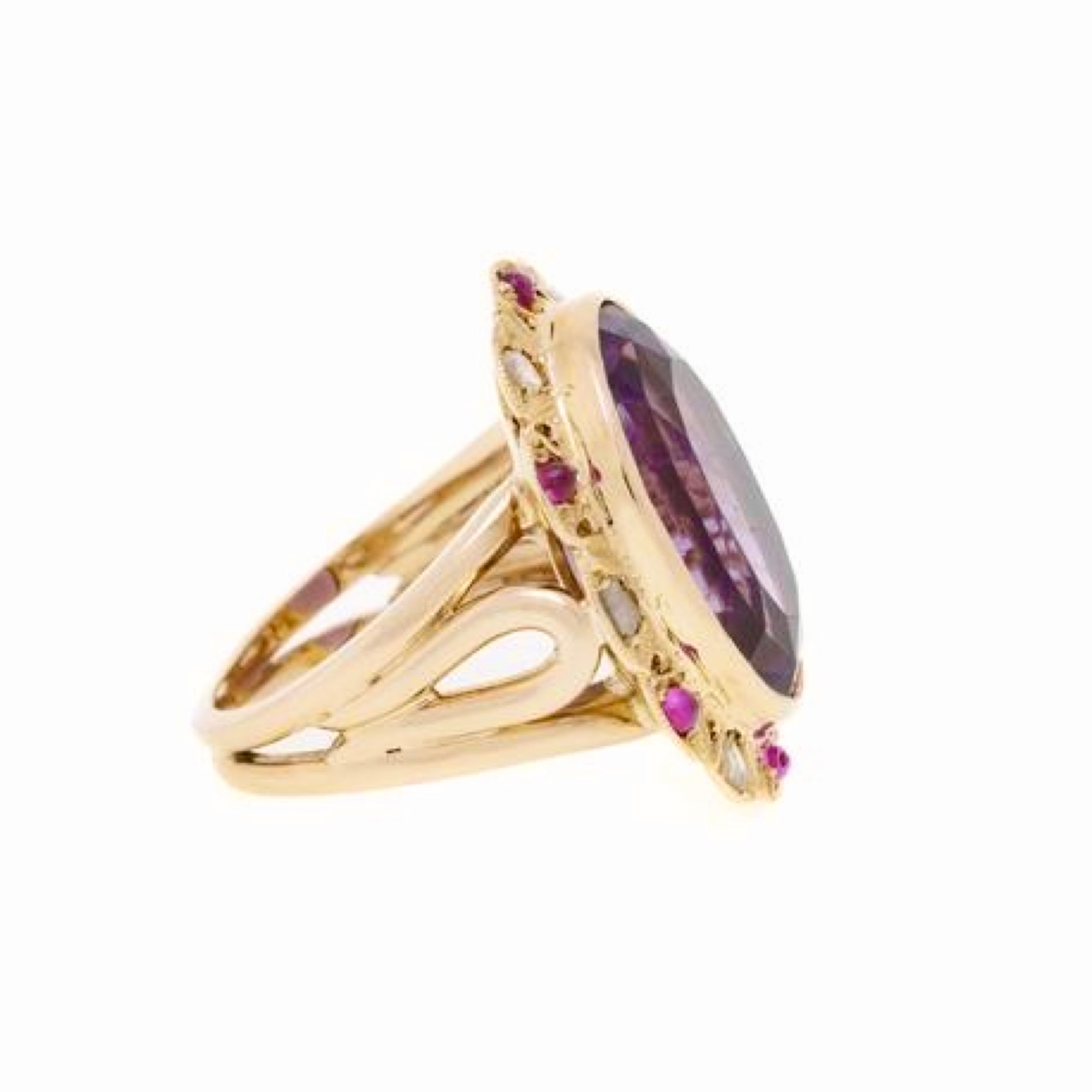 Bague Pompadour Améthyste Saphirs Roses Diamants Or Rose 14 Carats
