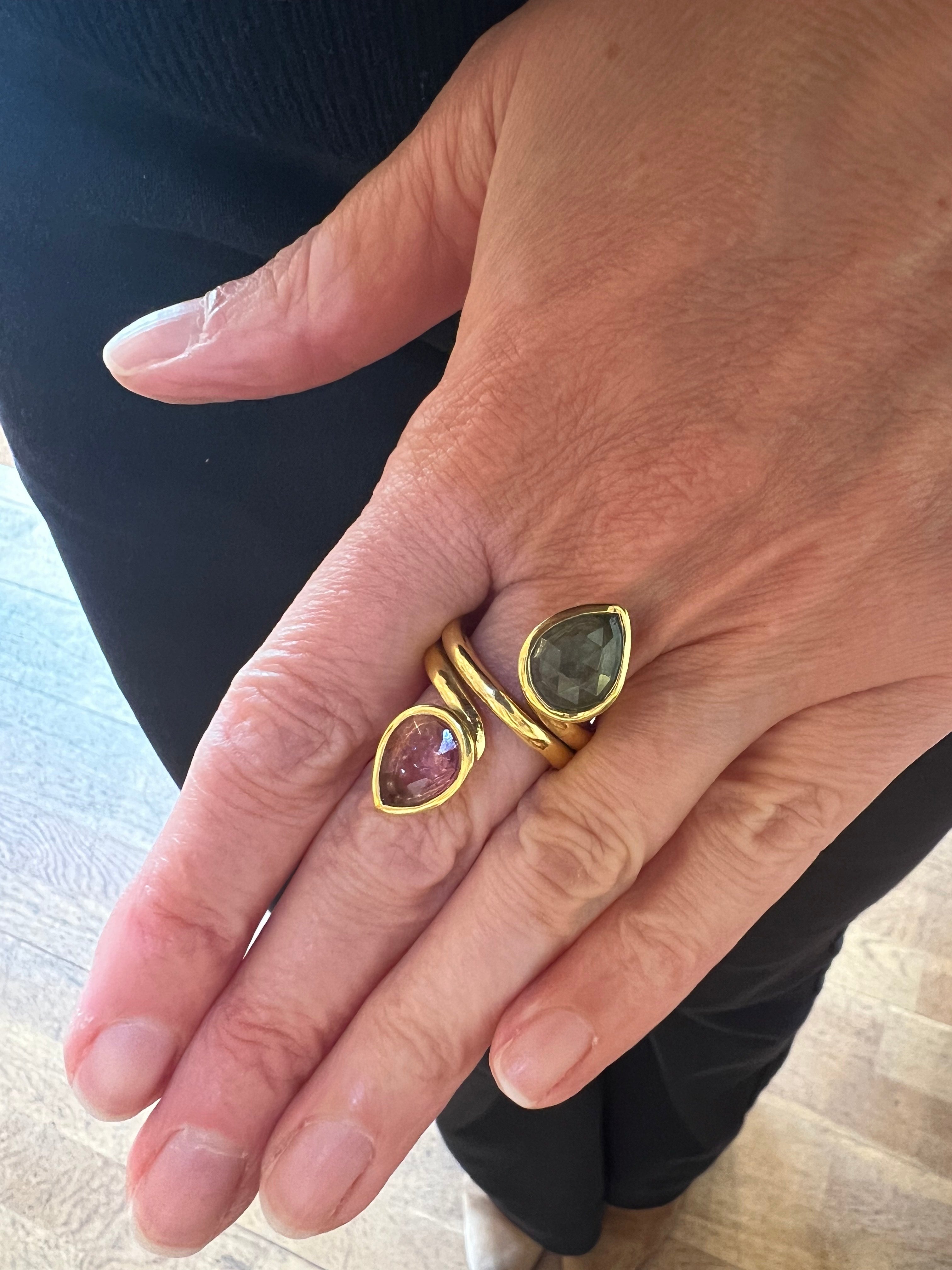 Bague Toi et Moi Tourmaline Verte et Rose Or Jaune 18 Carats