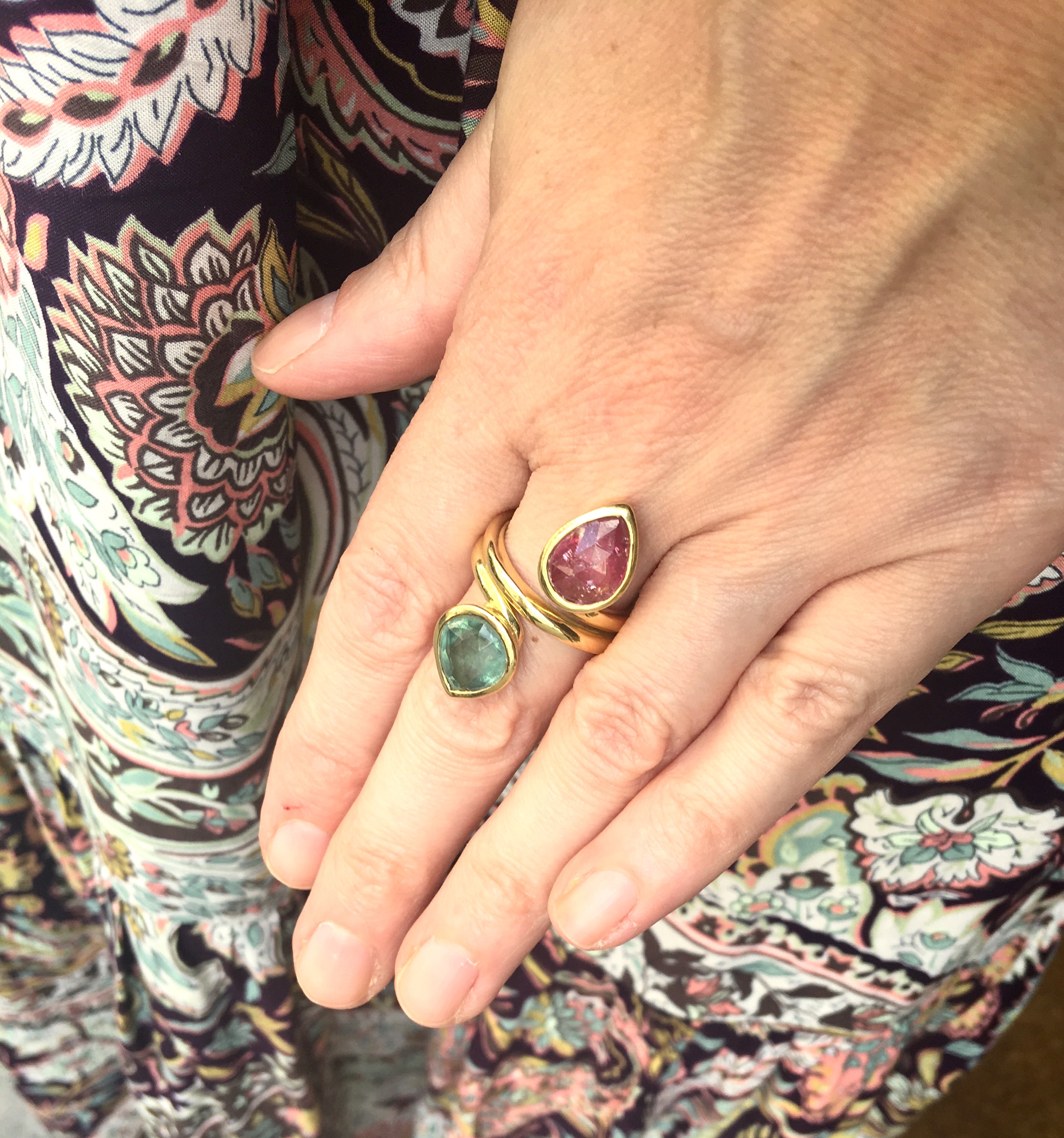 Bague Toi et Moi Tourmaline Verte et Rose Or Jaune 18 Carats
