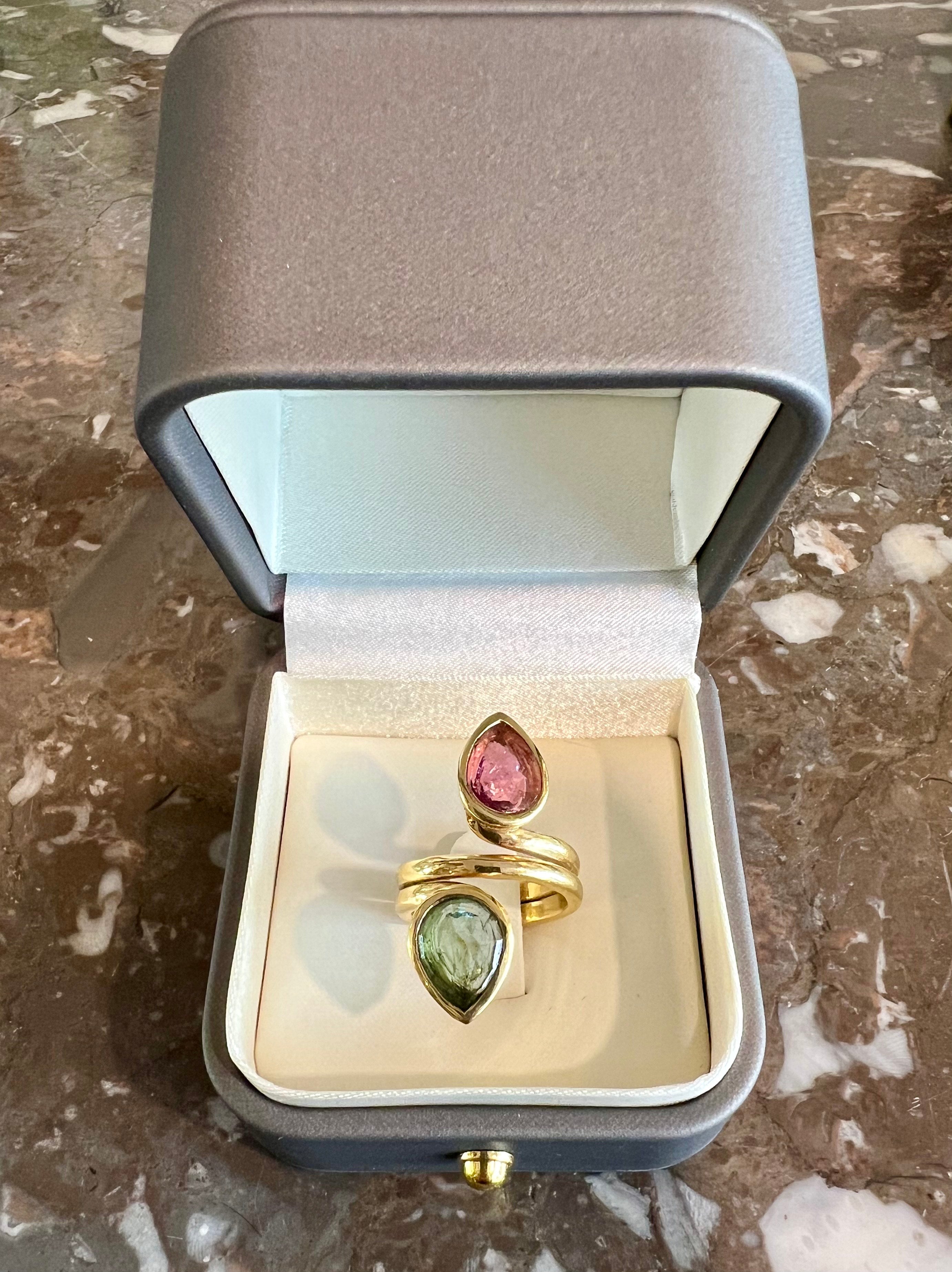 Bague Toi et Moi Tourmaline Verte et Rose Or Jaune 18 Carats