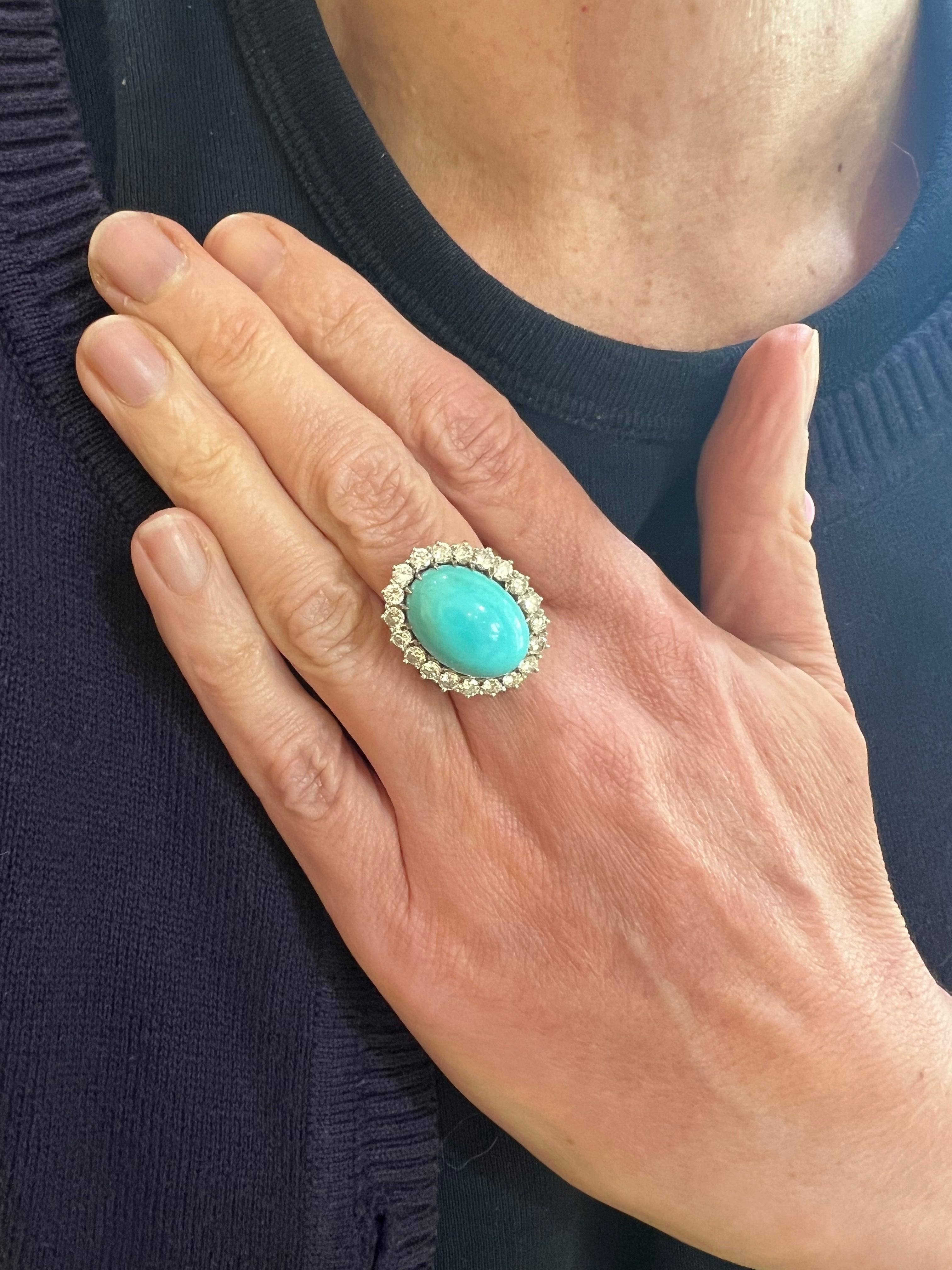 Retro Turquoise Cabochon Diamonds Platinum 18 Carat White Gold Pompadour Ring