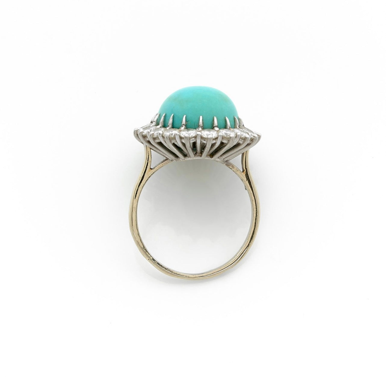Retro Turquoise Cabochon Diamonds Platinum 18 Carat White Gold Pompadour Ring