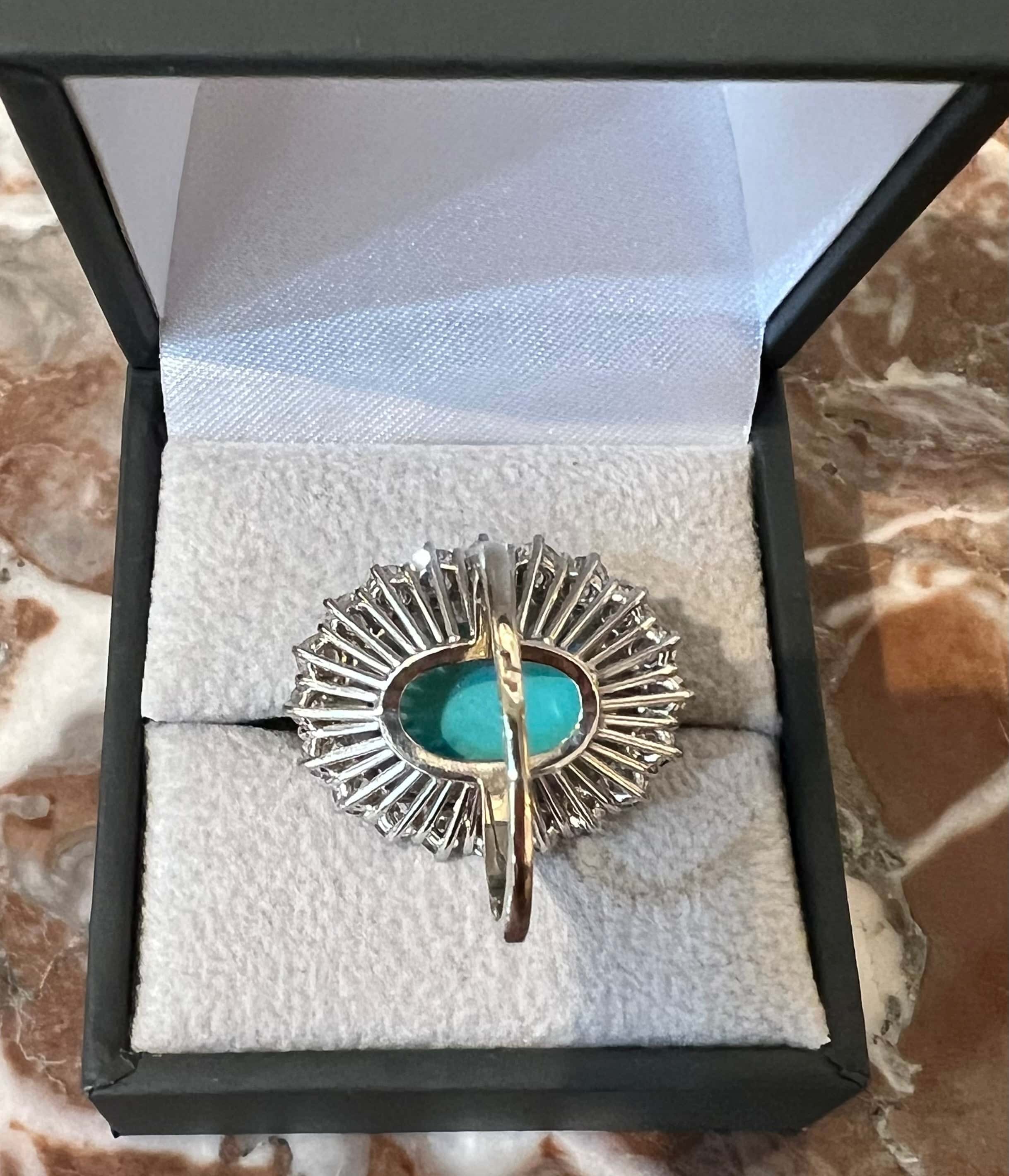 Retro Turquoise Cabochon Diamonds Platinum 18 Carat White Gold Pompadour Ring