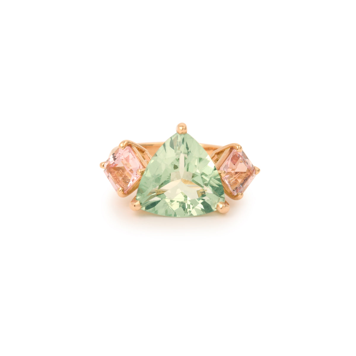 5 Carats Trillion Green Beryl Morganites 18 Carats Rose Gold Trilogy Cocktail Ring