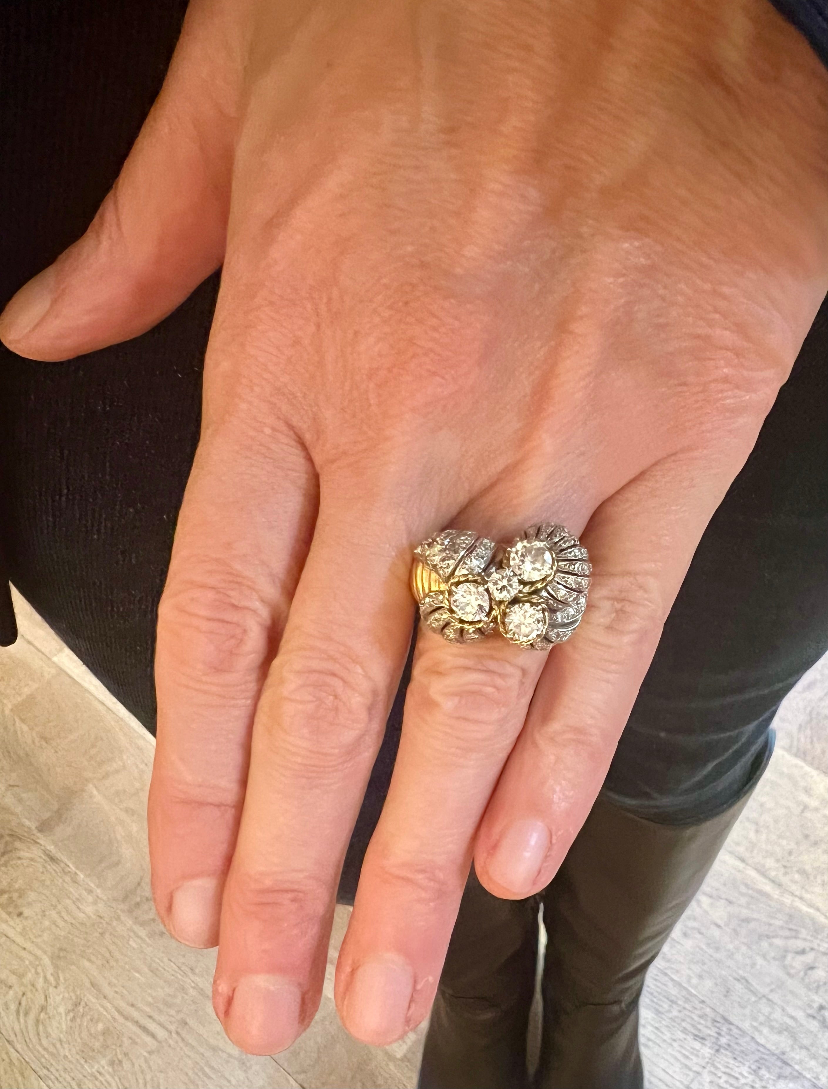 Retro 2 Carats Diamonds Platinum 18 Carats Yellow Gold Cocktail Ring