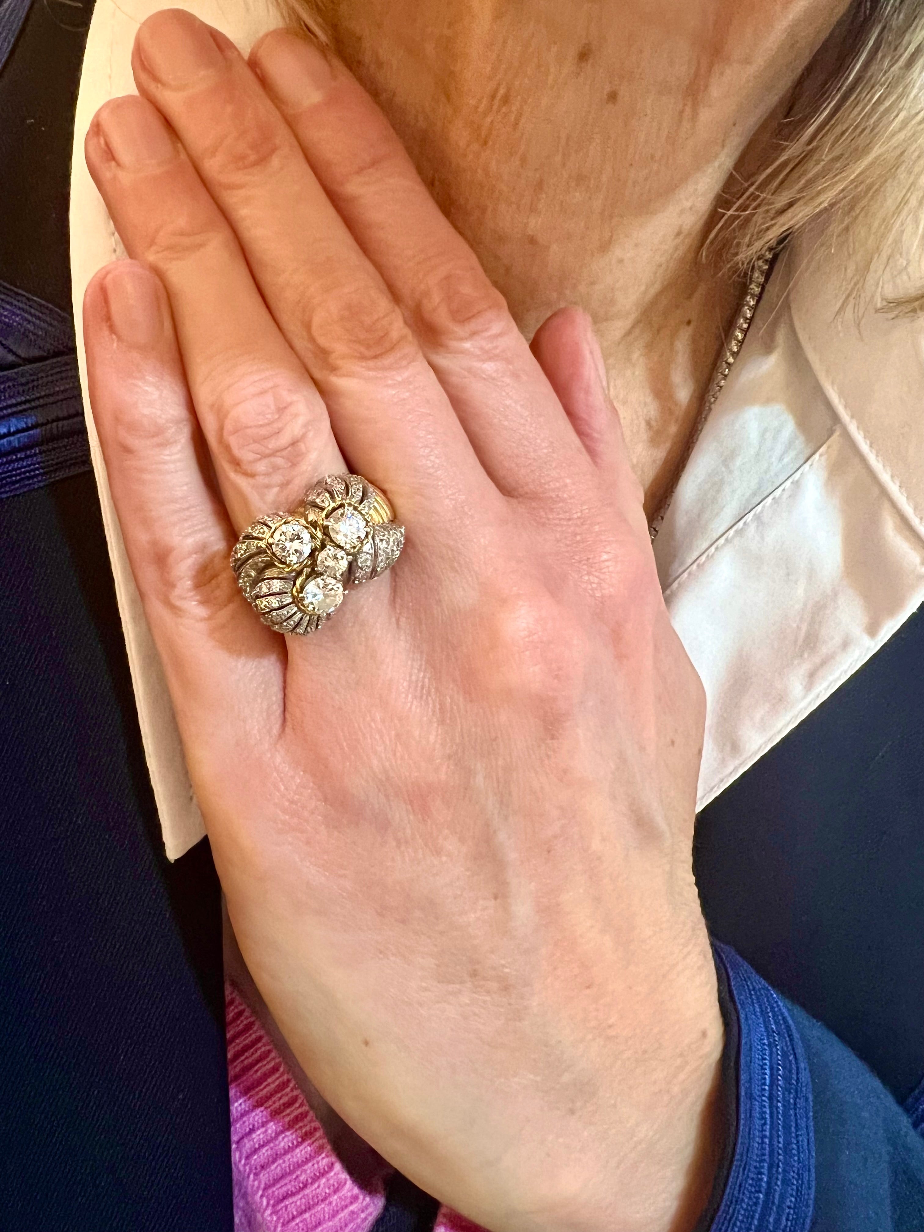Retro 2 Carats Diamonds Platinum 18 Carats Yellow Gold Cocktail Ring