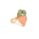 Bague Cœur Corail Emeraudes Diamant Or Jaune 18 Carats