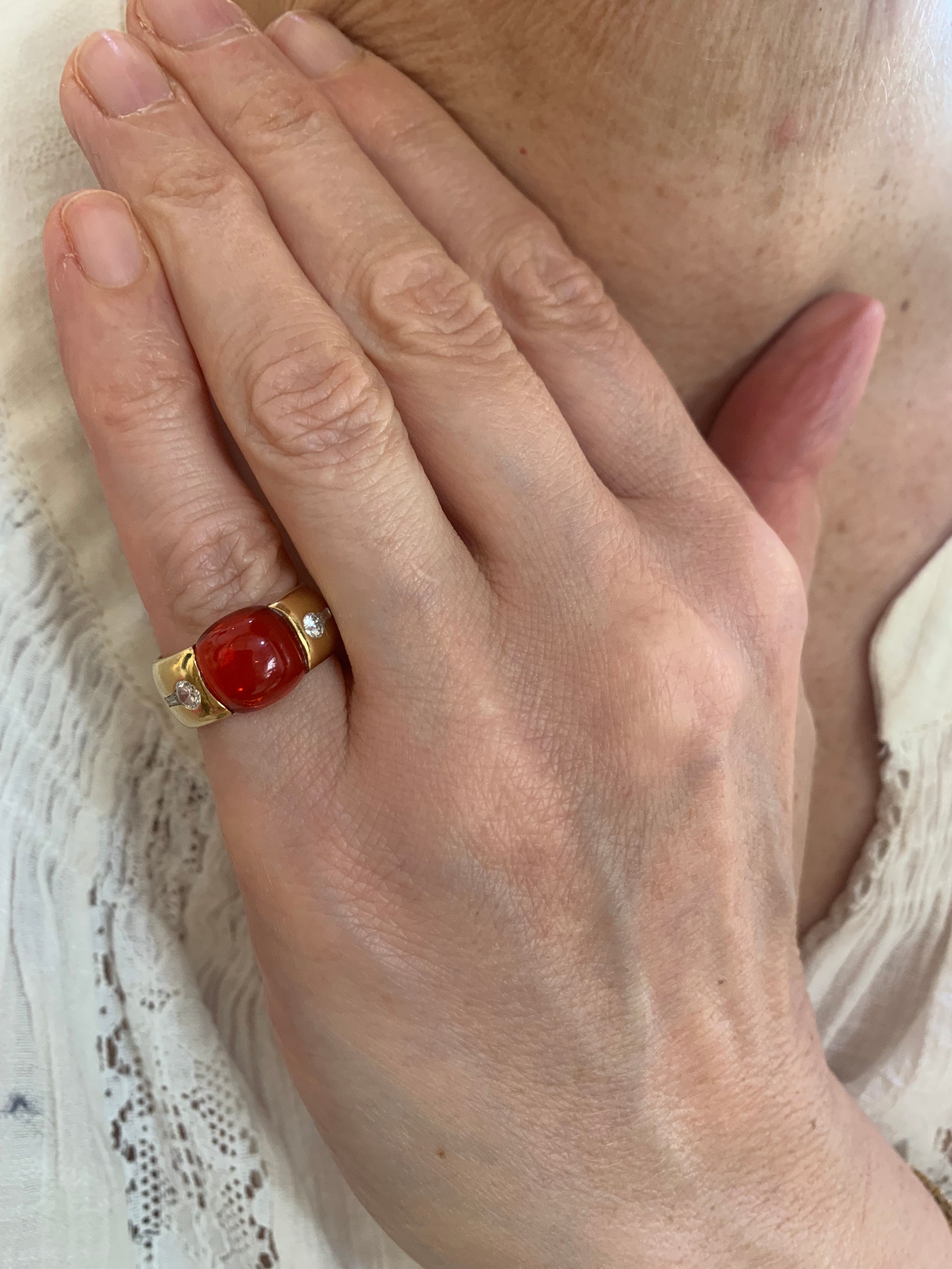 Fire Opal Cabochon Diamonds 18 Carat Yellow Gold Ring