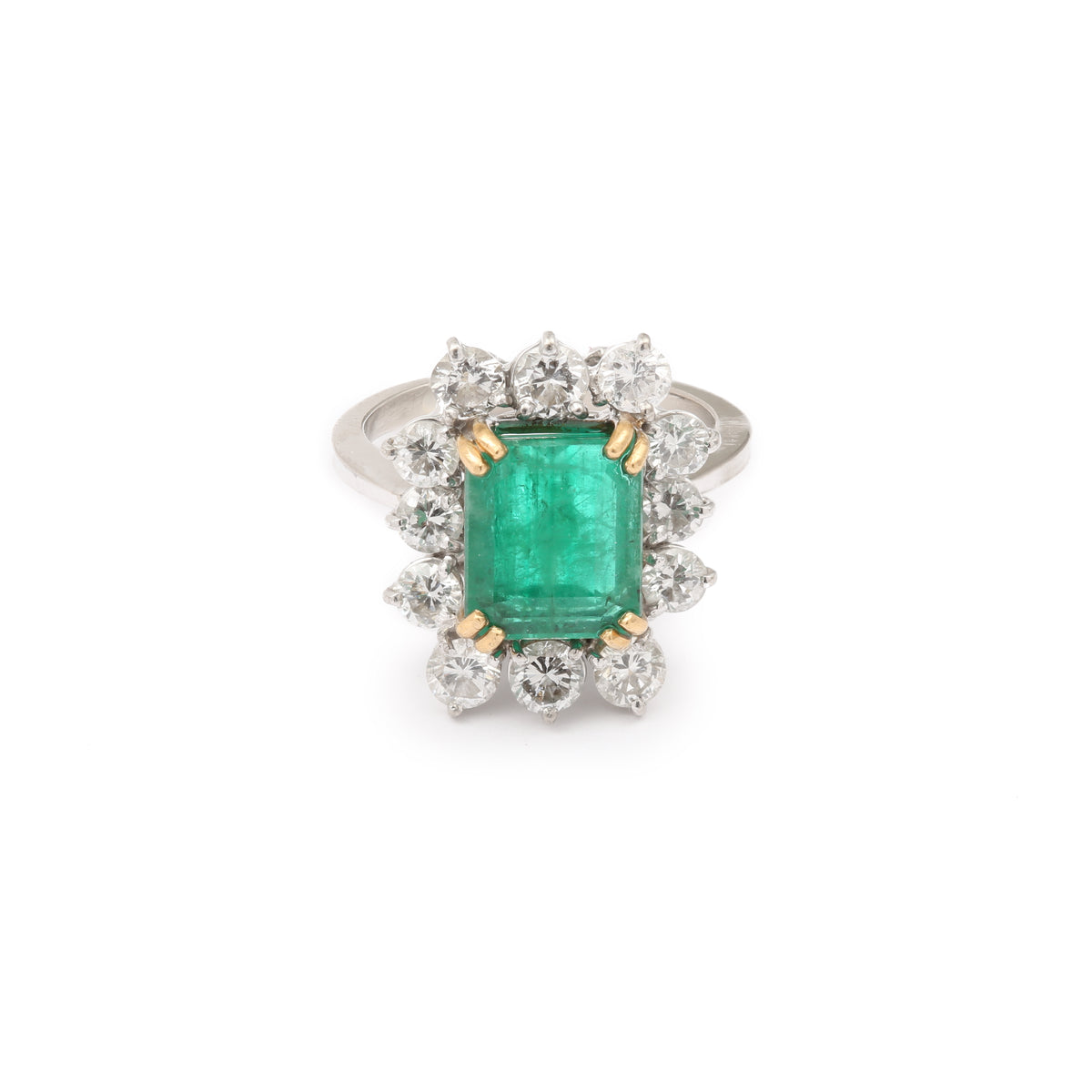 Bague Pompadour Emeraude Brésil 4.21 Carats Diamants Or Gris 18 Carats (Certificat)