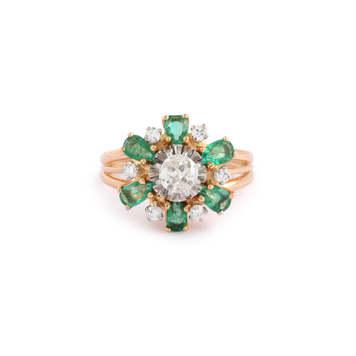 Emeralds Diamonds 18 Carats Yellow Gold Daisy Ring