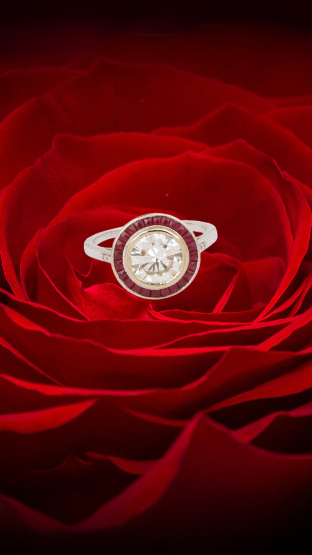 Certified 1.50 Carat Diamonds Rubies 18 Carat White Gold Art Deco Style Ring