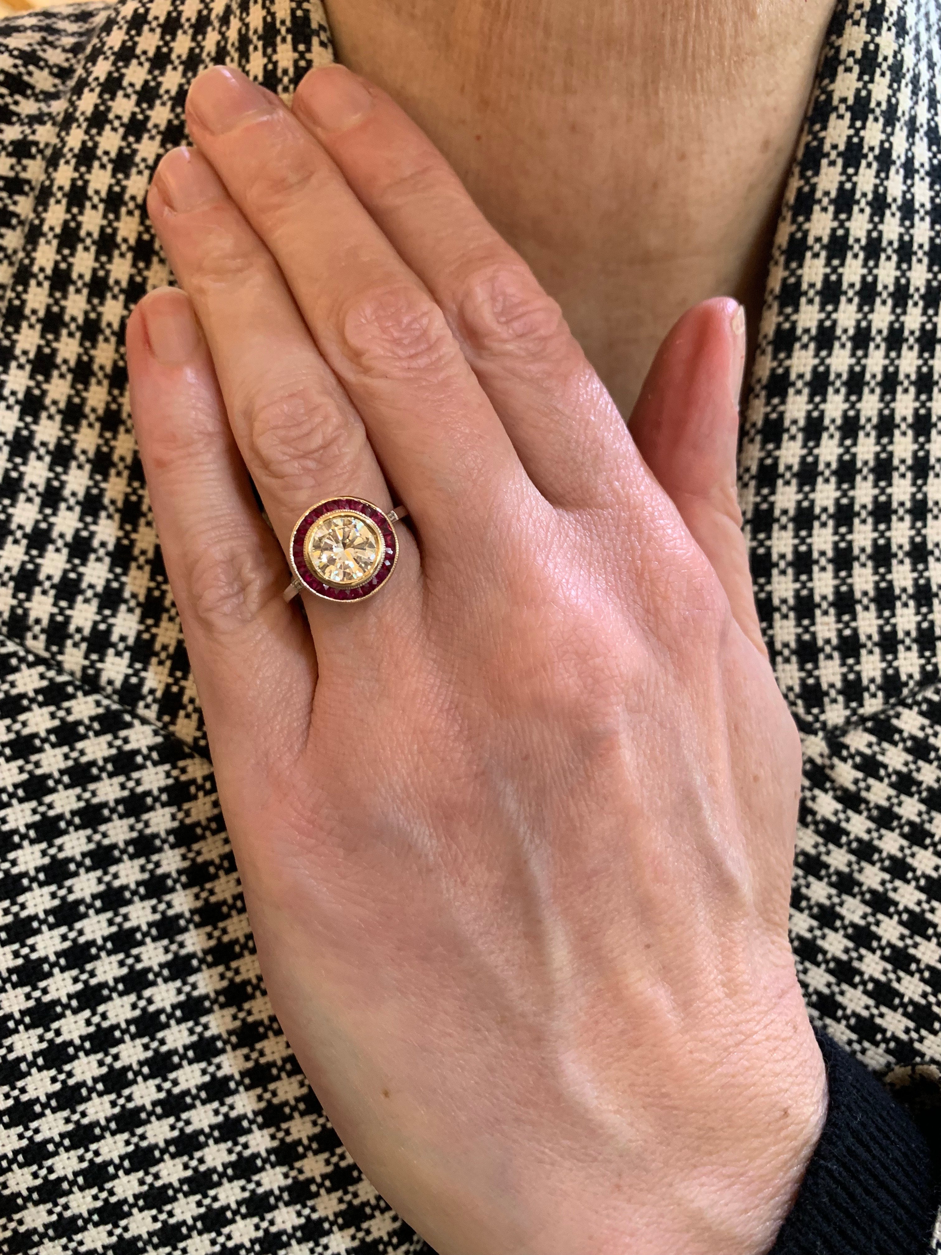 Certified 1.50 Carat Diamonds Rubies 18 Carat White Gold Art Deco Style Ring